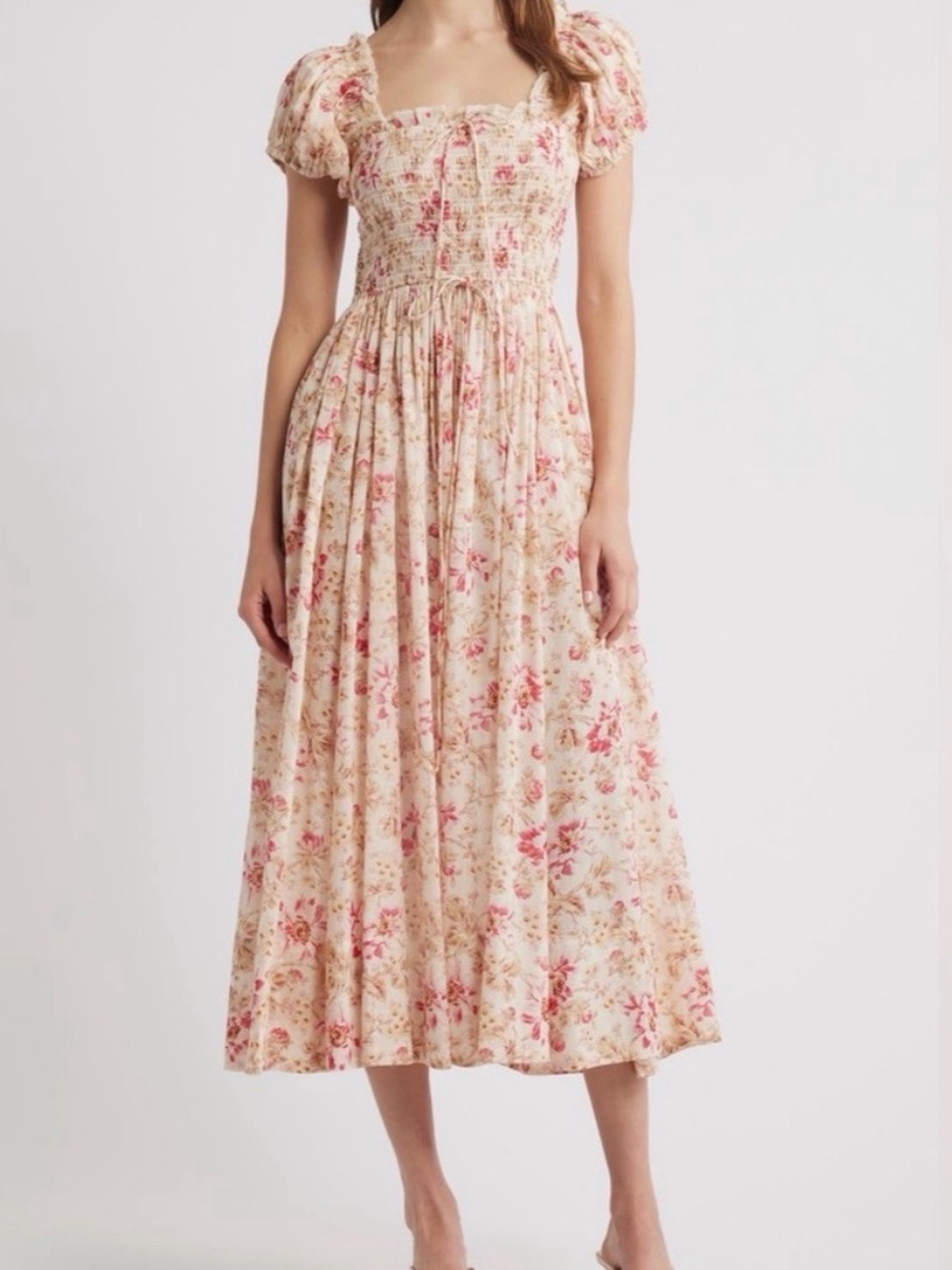 NWOT Doen Stanza Smocked Organic Cotton Midi Dress in Fleurs de Provence